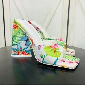 Torgeis Paradise Tropical Floral Flare Heel Mule Sandals‎ White Multi 6.5